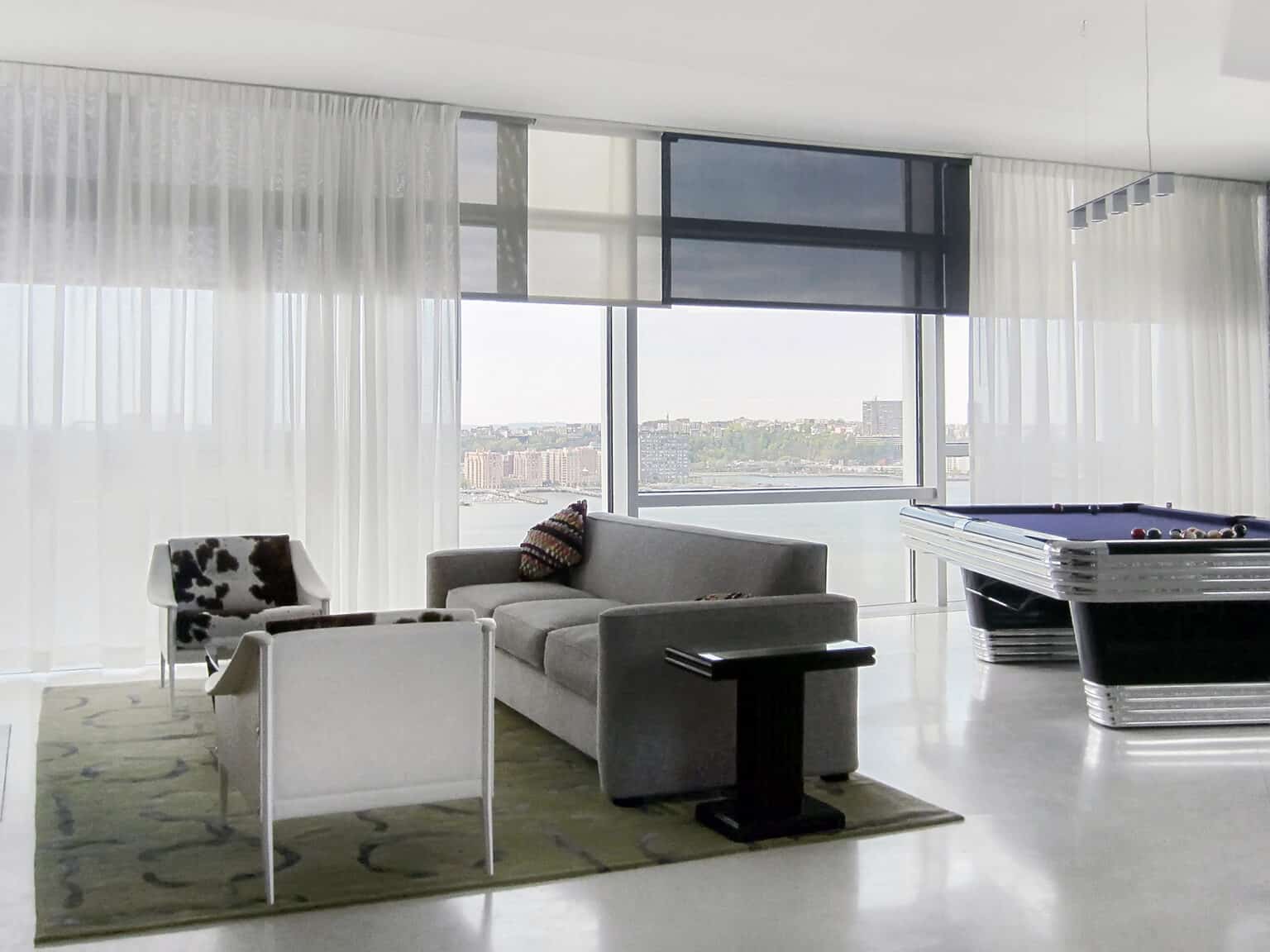 Jean Nouvel+Motorized Solar Shades+Pinchpleat Drapes+Overlapping Colors